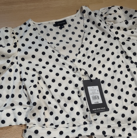 Who What Wear Monochrome Polka Dot Top Puffy Sleeves Vintage Style - Picture 3 of 11